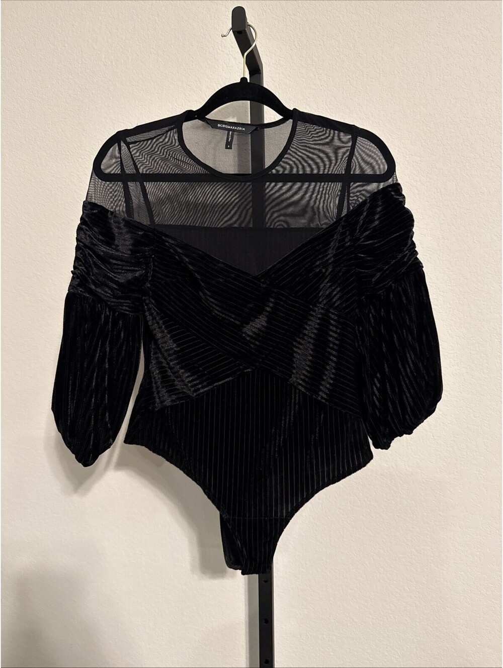 BCBG Maxazria Velvet & Sheer Body Suit Black Beauty Pleated Long Sleeve - SMALL